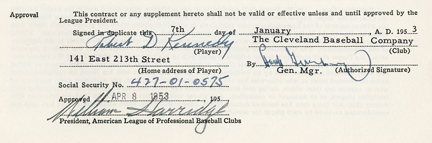 - 1953 Bob Kennedy Cleveland Indians Contract with Kennedy and Greenberg Signatures