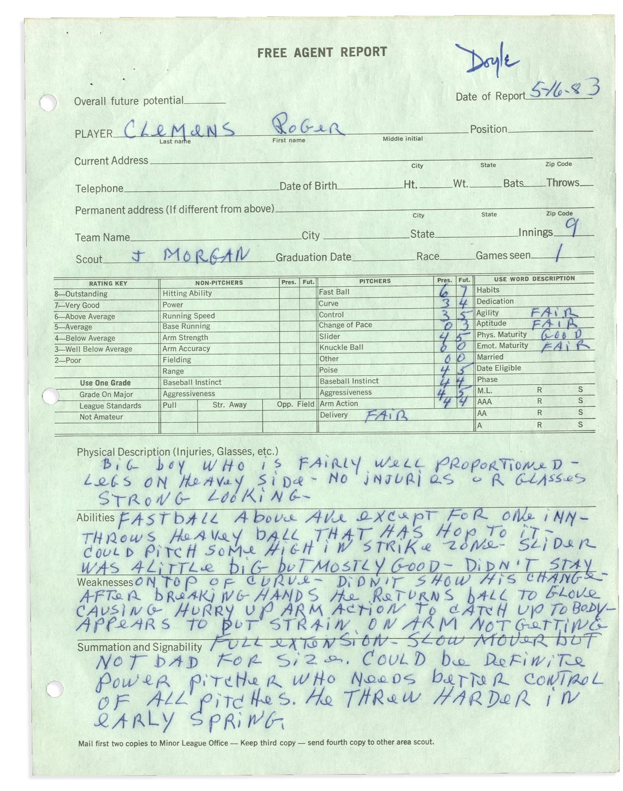 - 1983 Roger Clemens Scouting Report