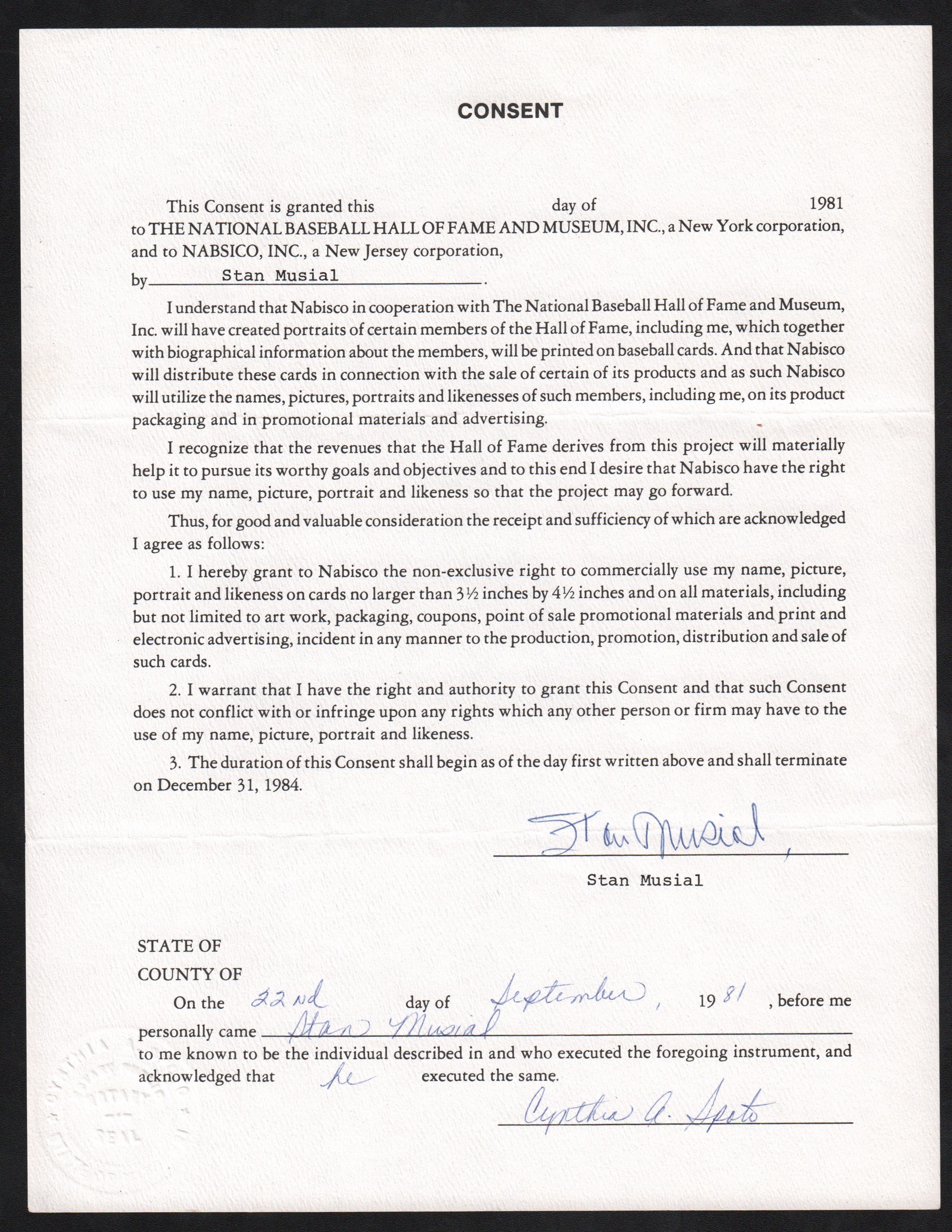 Baseball Autographs - Stan Musial 1981 Contract with Nabisco and HOF