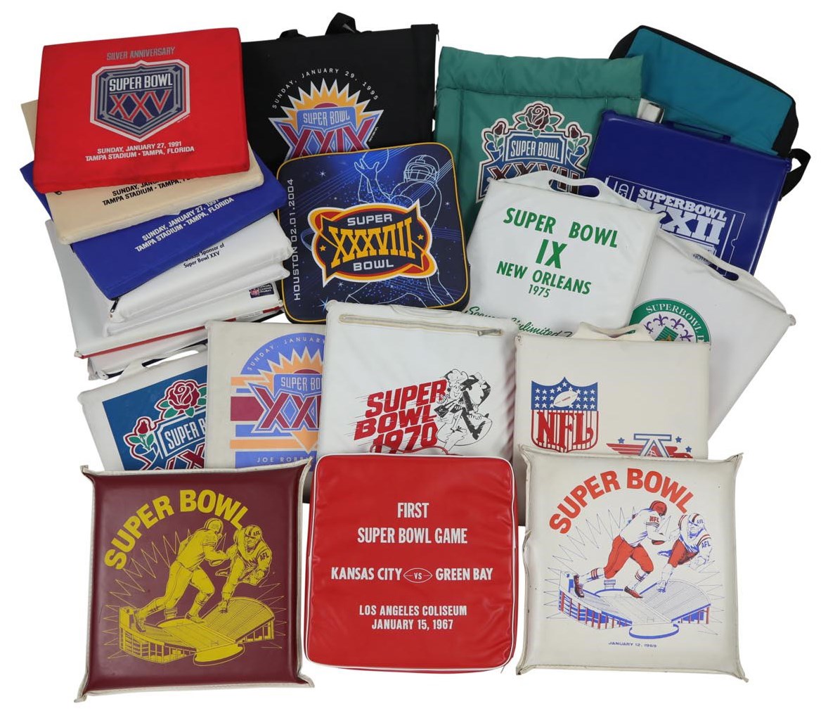 - 1967 - 2014 Super Bowl Cushion Near Complete Run with Variations (42 of 48 SB's, 100 Total)