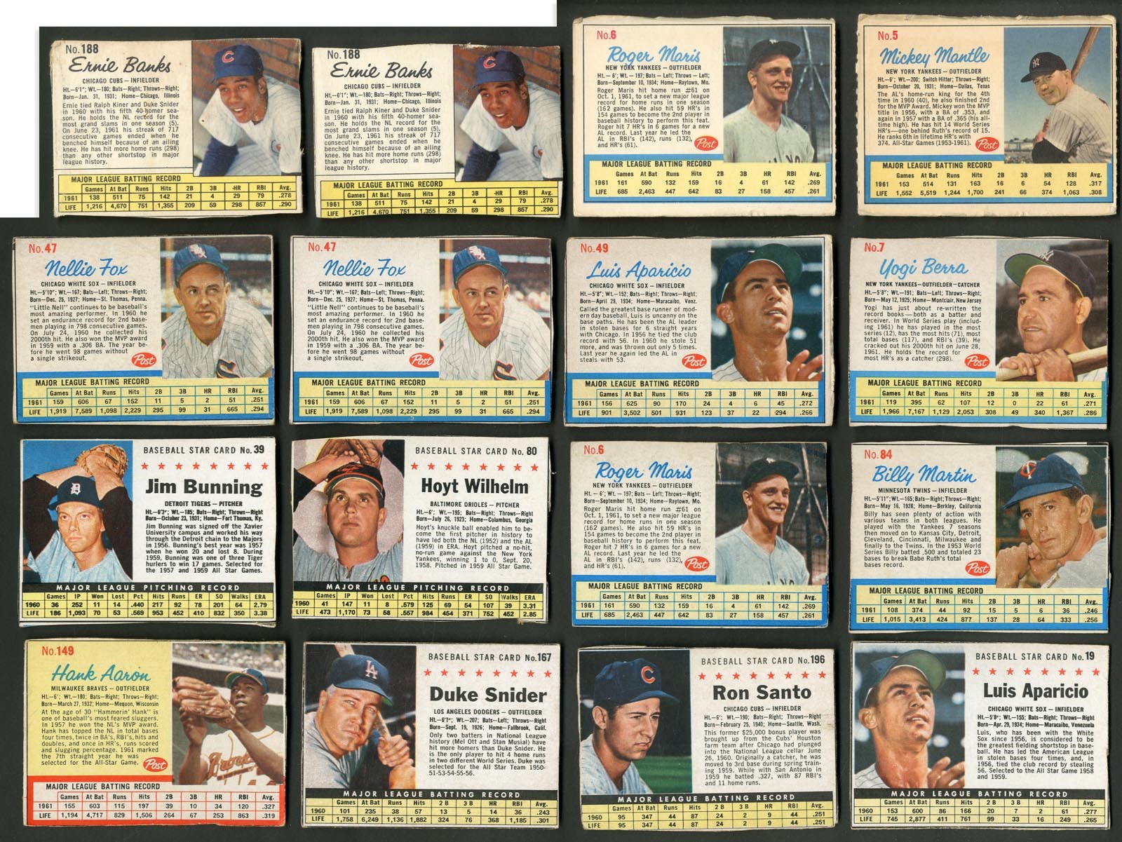 - 1961-63 Post Cereal Collection - Mantle (Ad Back), Clemente, Aaron, Maris (190+)
