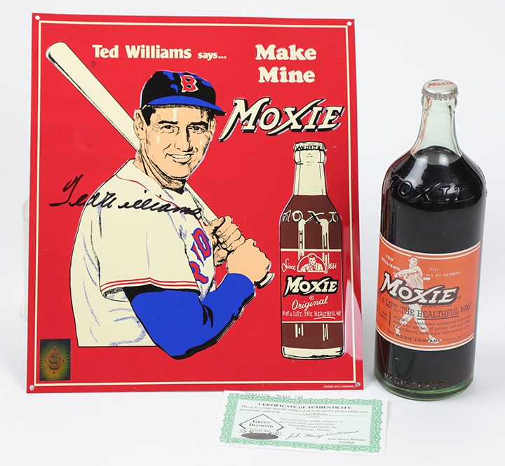 - Ted Williams Signed Moxie Sign with Full Bottle