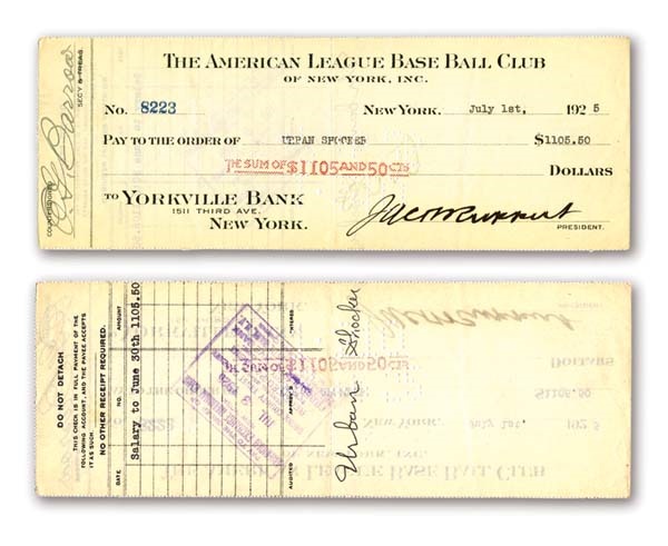 - 1927 Urban Shocker Signed Yankees Payroll Check