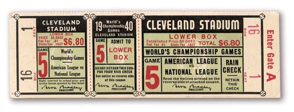 - 1940 World Series Phantom Game Five Full Ticket