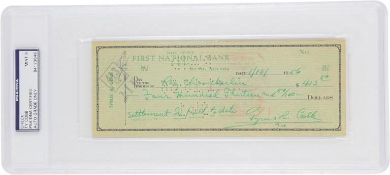 - 1956 Ty Cobb Signed Check with Rare Handwritten Note (PSA MINT 9)