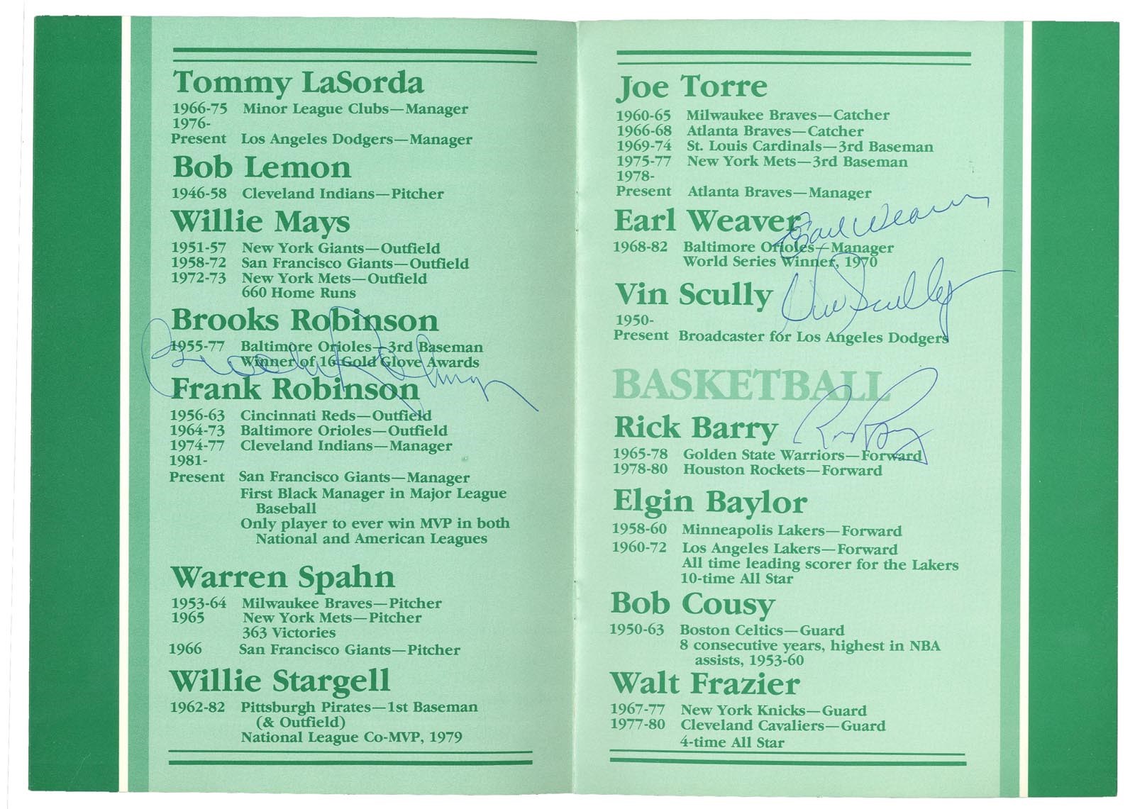 Baseball Autographs - 1982 "Bally's Greatest Sports Legends" Program Signed by 20 Invitees