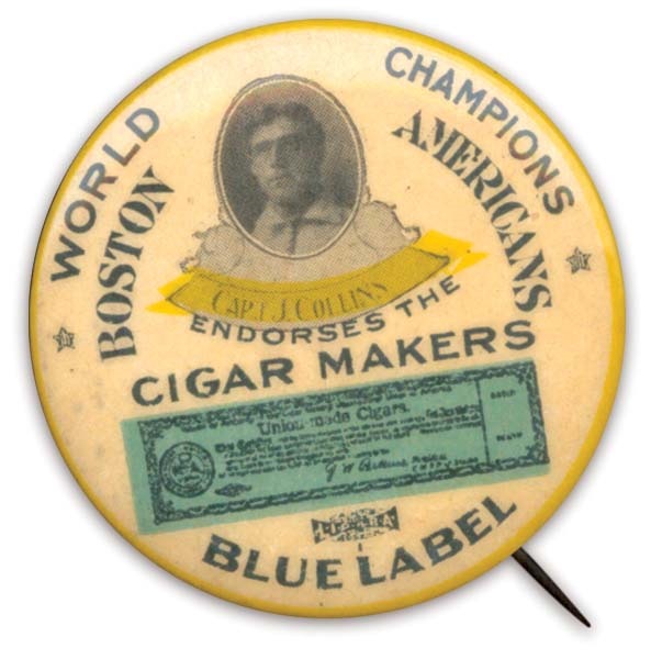 - 1904 Jimmy Collins Cigar Makers Blue Label Pin (1.5" diam.)