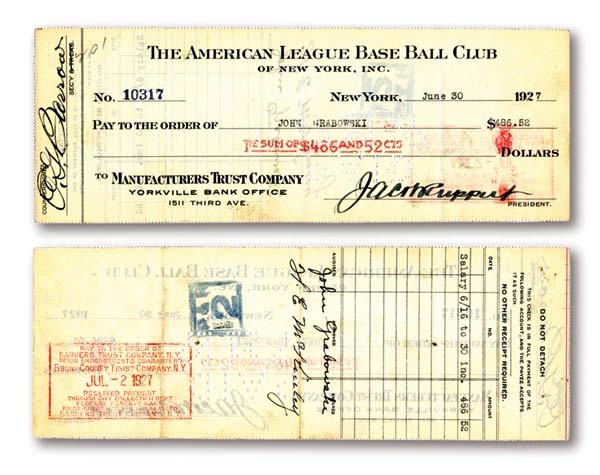 - 1927 John Grabowski Signed Yankees Payroll Check