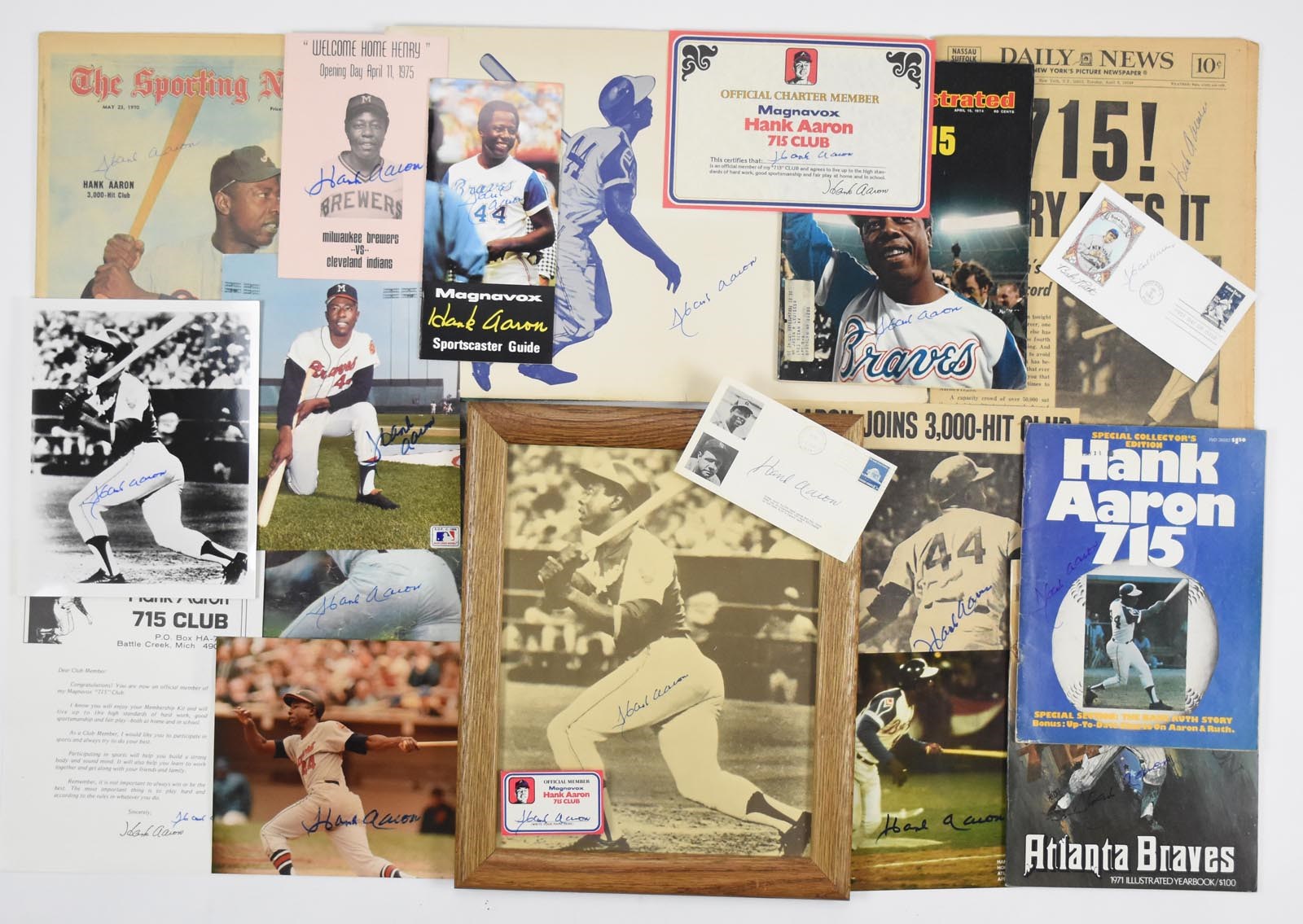Baseball Autographs - 1954-76 Hank Aaron Signed Photos, Publications, & Ephemera Lot of 85
