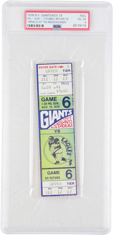 - 1978 NY Giants "Miracle At The Meadowlands" Full Ticket PSA VG-EX 4