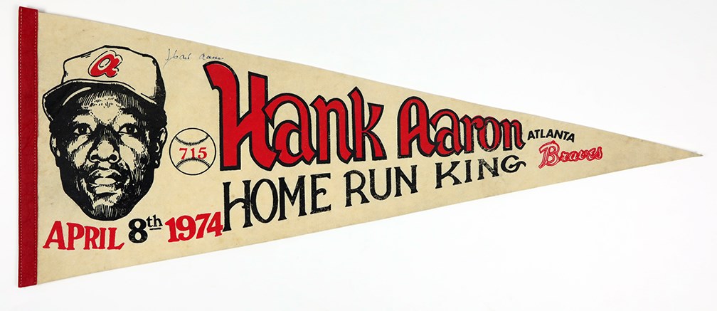 Baseball Autographs - 1974 Rare “Hank Aaron Home Run King” Pennant Signed by Aaron.1974.
