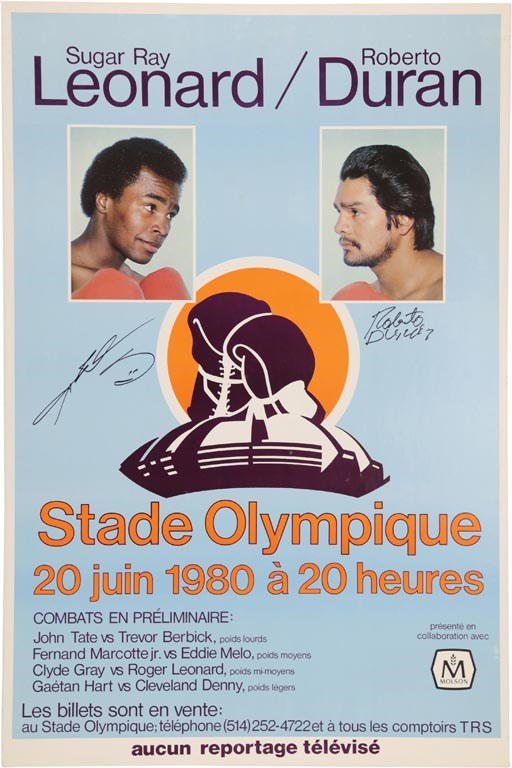 - 1980 Roberto Duran vs. Sugar Ray Leonard Signed On-Site Fight Poster