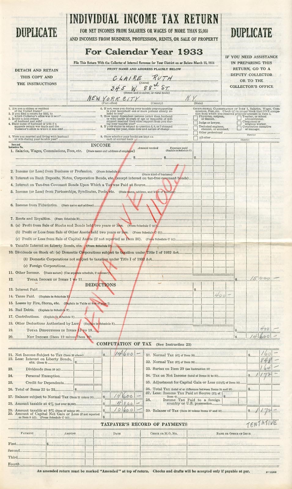 Ruth and Gehrig - 1933 Babe Ruth's Wife Claire Ruth "Tentative" Income Tax Return