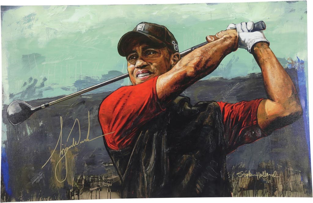 Sports Fine Art - Tiger Woods Signed Giclee by Stephen Holland - Largest Tiger Signature Known to Mankind!