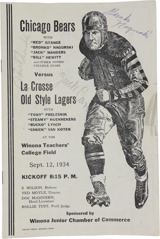- 1934 Chicago Bears vs. La Crosse Old Style Lagers Team Signed Game Program w/Bronko Nagurski