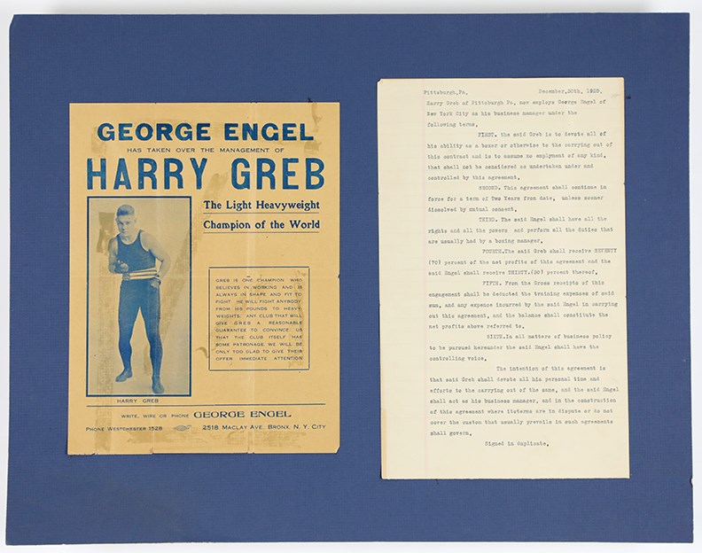 - 1920 Harry Greb & George Engel Managerial Terms Paperwork and Advertisement