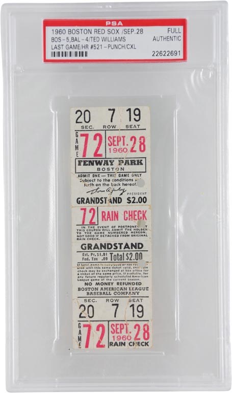 1960 Ted Williams Final Game/Final Home Run Full Ticket (PSA)
