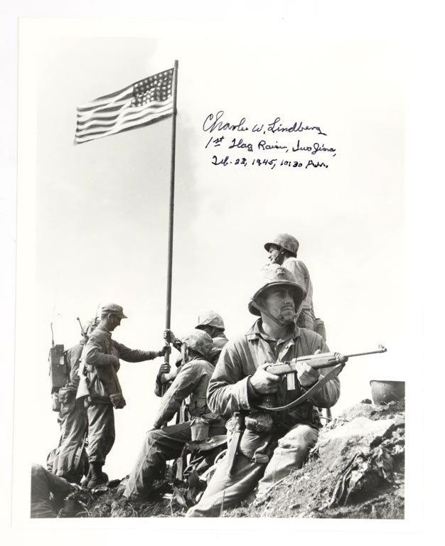- Charles W. Lindbergh Signed and Inscribed Photograph of the Flag Raising at Iwo Jima