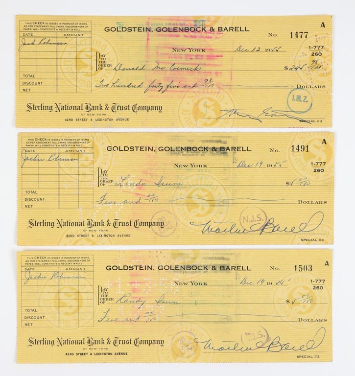 Baseball Autographs - Jackie Robinson 1955 Ghost Signed Bank Checks (3)
