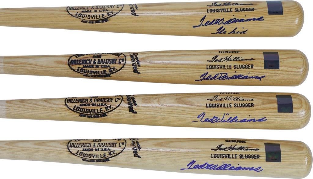 Four Mint Ted Williams Signed Game Model Bats with "The Kid" (Green Diamond)