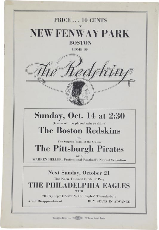 Rare 1934 Boston Redskins vs. Pittsburgh Pirates at NEW Fenway Park Program