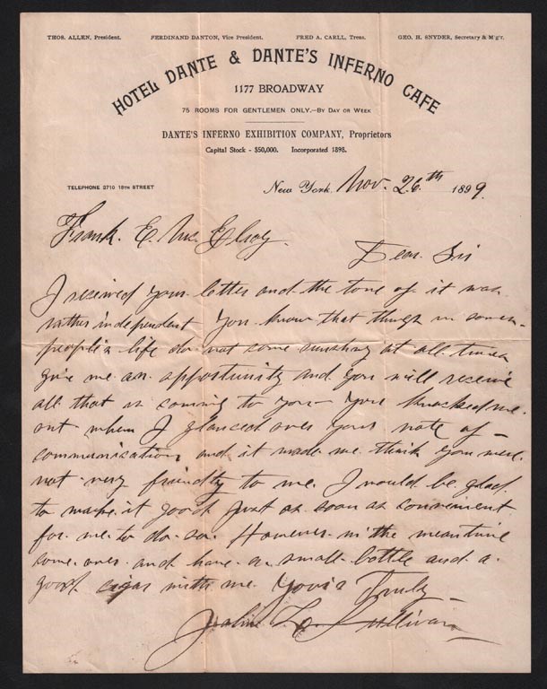 - 1899 John L. Sullivan Handwritten & Signed Letter (PSA)