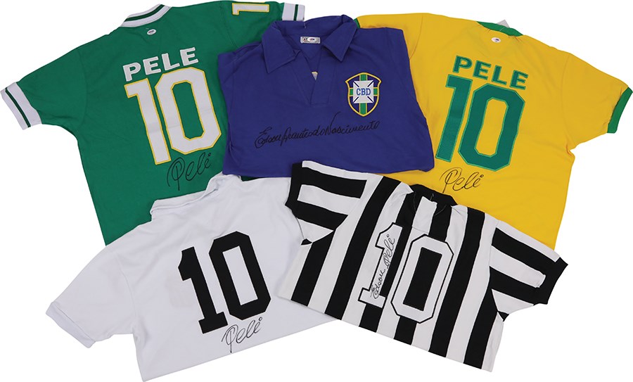 Five Pele Signed Jerseys (All PSA)