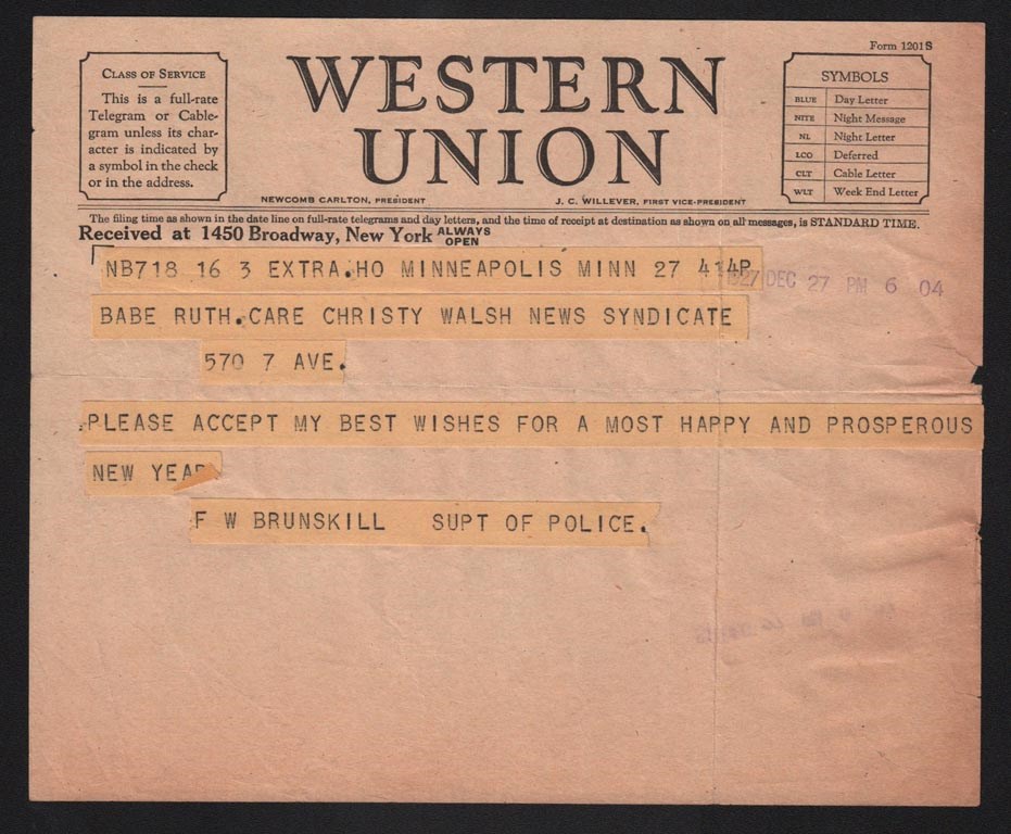 - 1927 Babe Ruth Telegram from Racist Police Chief