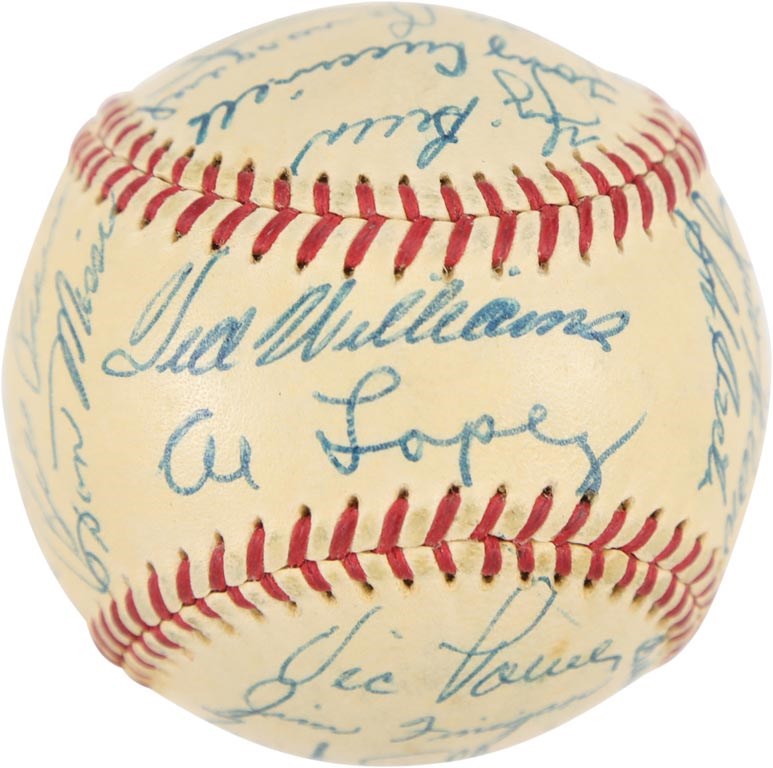 - 1955 American League All-Star Team Signed Baseball with Mantle and Williams (PSA 8 Signatures)