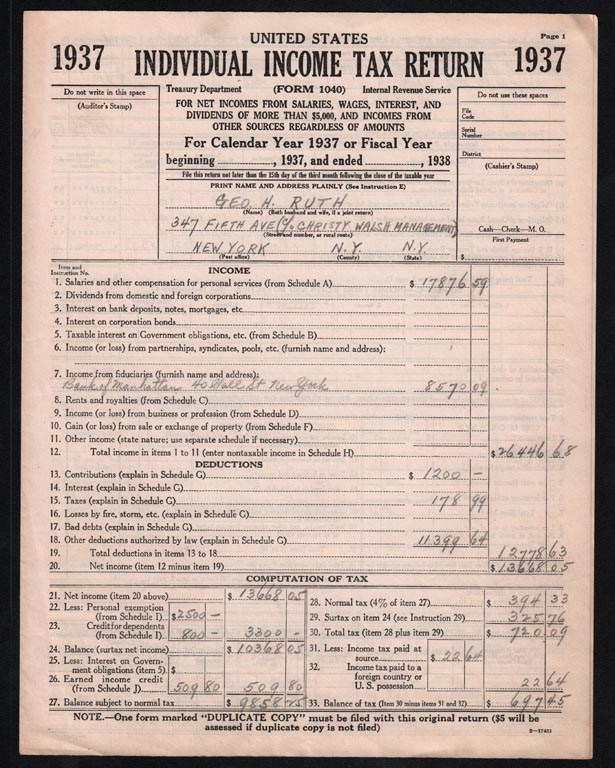 - 1937 Babe Ruth Federal Income Tax Return