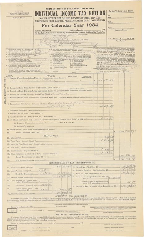 - 1934 Babe Ruth Federal Income Tax Return - Final Year w/Yankees