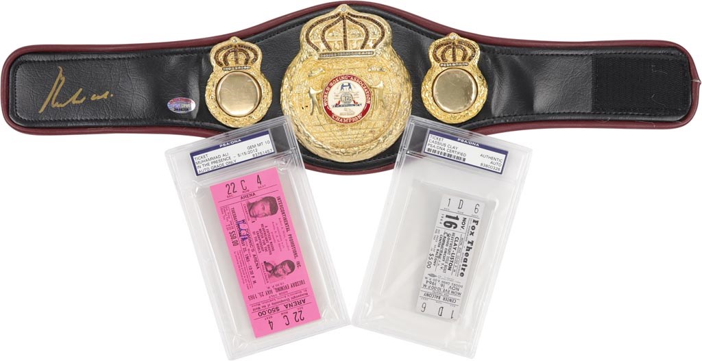 - Muhammad Ali/Cassius Clay Signed Ali vs. Liston Full Tickets and Championship Belt (3) (All PSA)