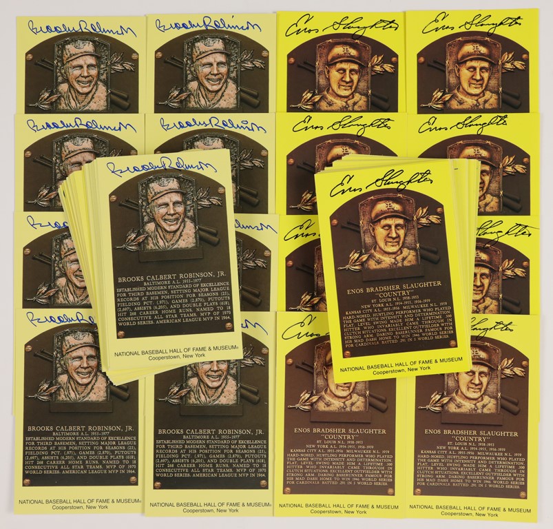 Baseball Autographs - Brooks Robinson & Enos Slaughter Signed Yellow HOF Postcards (100)