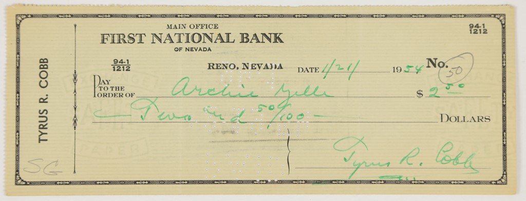 - 1954 Ty Cobb Signed Bank Check