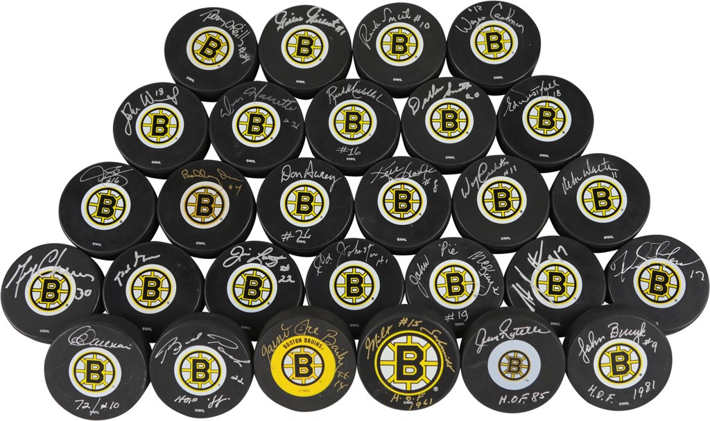 - Boston Bruins Signed Puck Collection with Bobby Orr (25+)