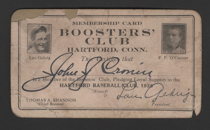 Ruth and Gehrig - 1928 Lou Gehrig Hartford Booster Club Membership Card