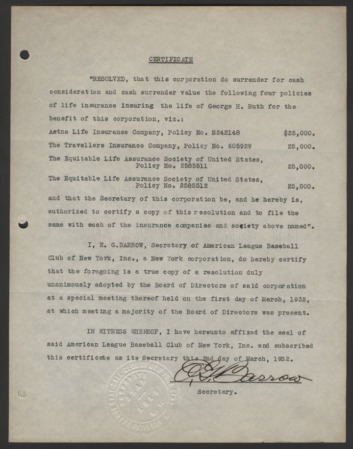 Important 1932 Babe Ruth New York Yankees Life Insurance Document (PSA)