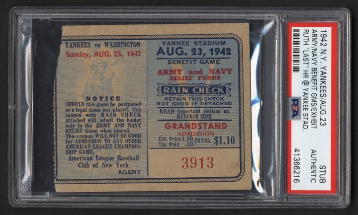 Ruth and Gehrig - 1942 Babe Ruth "Last" Home Run at Yankee Stadium Ticket and Program