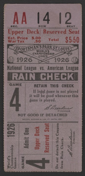 Ruth and Gehrig - 1926 World Series Game 4 Ticket - Babe Ruth Hits 3 Home Runs