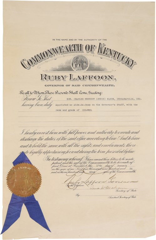 Chuck Klein Kentucky Colonel Award Citation Signed by the Governor of KY in 1934