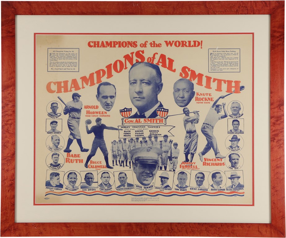 Ruth and Gehrig - 1928 "Champions of Al Smith" Campaign Poster with 1927 NY Yankees