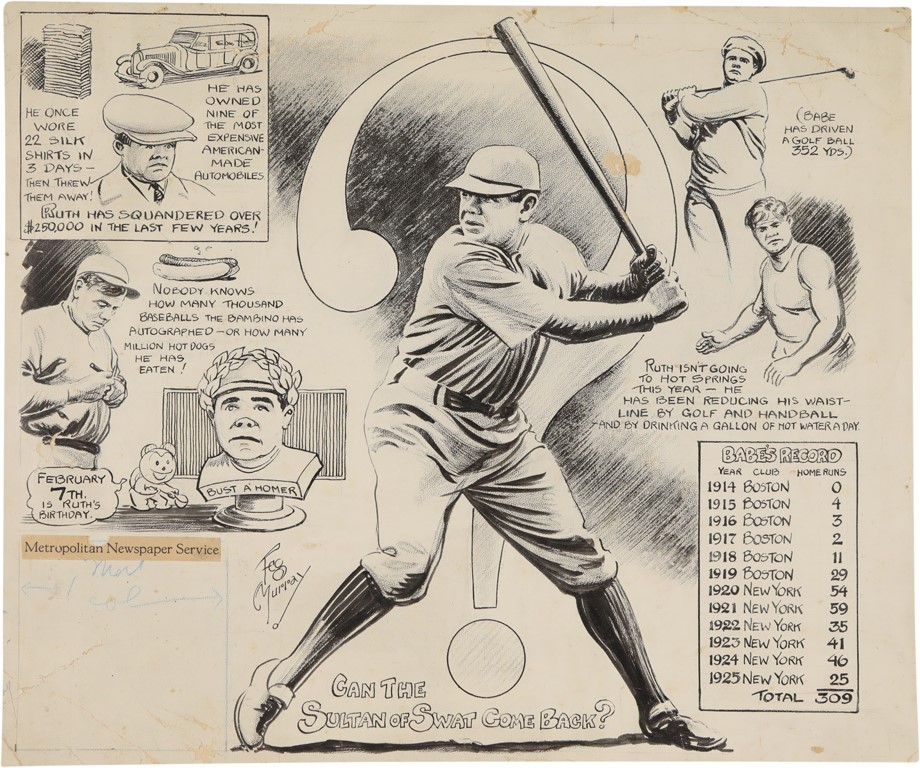Ruth and Gehrig - Exceptional 1926 Babe Ruth Original Art by Feg Murray