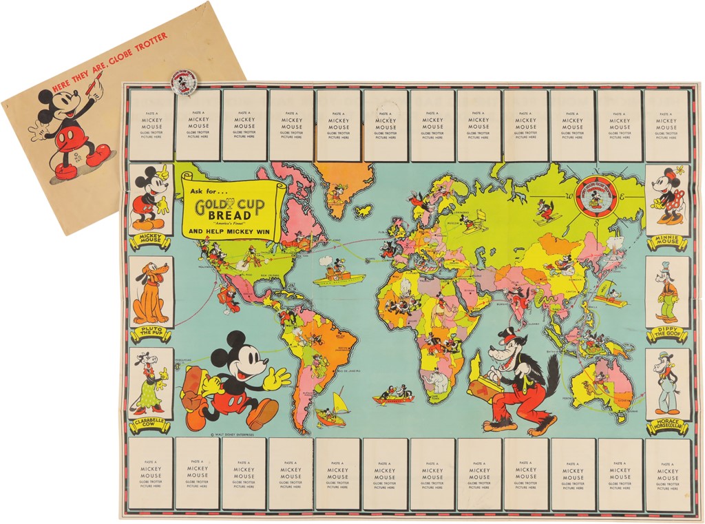 Non Sports Cards - 1930s Mickey Mouse Globe Trotters Bread Map & Pin