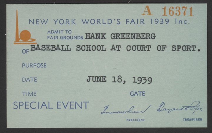 1939 Hank Greenberg NY Worlds Fair Academy of Sport Pass