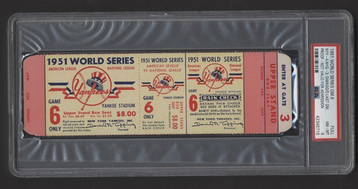 - 1951 World Series Game 6 Full Ticket - DiMaggio's Last Game (PSA 8)