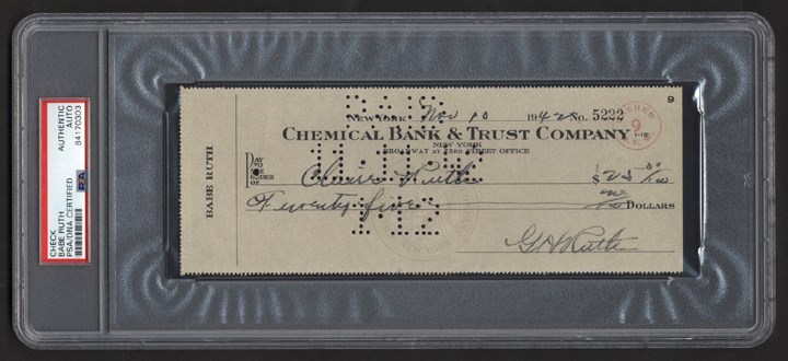 Ruth and Gehrig - 1942 Babe Ruth Signed Bank Check to Claire Ruth (PSA)