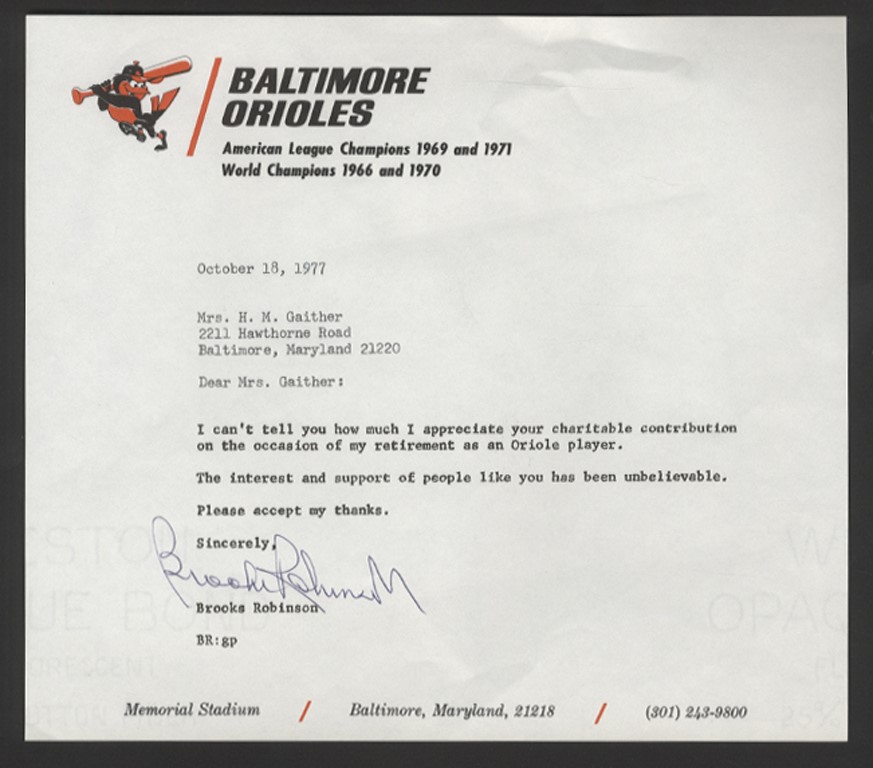 Baseball Autographs - 1977 Brooks Robinson Retirement Letter