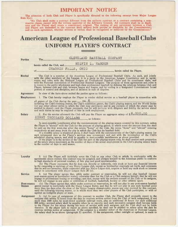 - 1946 Mel Harder Cleveland Indians Contract