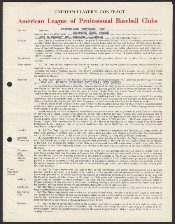- 1967 Ray Fosse Cleveland Indians Contract