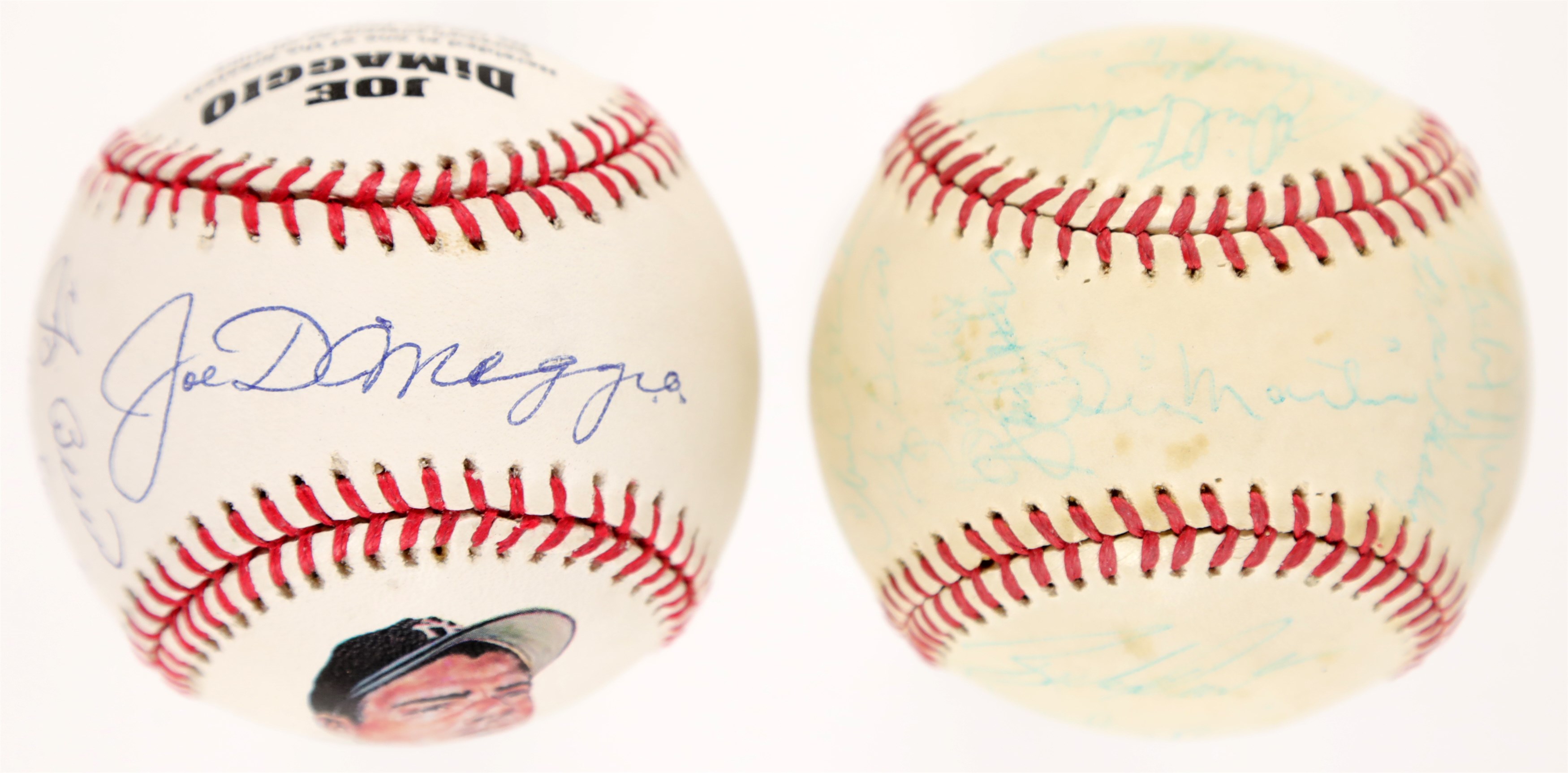 Baseball Autographs - 1977 WS Champion NY Yankees Team Signed Ball and Joe DiMaggio Signed Stat Ball